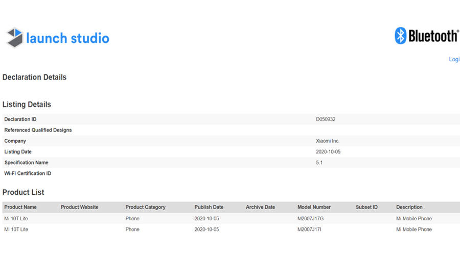 xiaomi mi 10t lite listed on bluetooth sig india launch