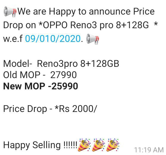 OPPO Reno 3 Pro price cut in india by rs 2000 sale offer