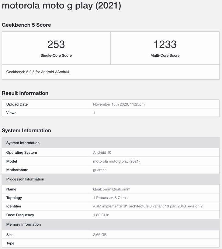 motorola Moto G Play 2021 geekbench listing snapdragon 460 soc 3gb ram specs leaked