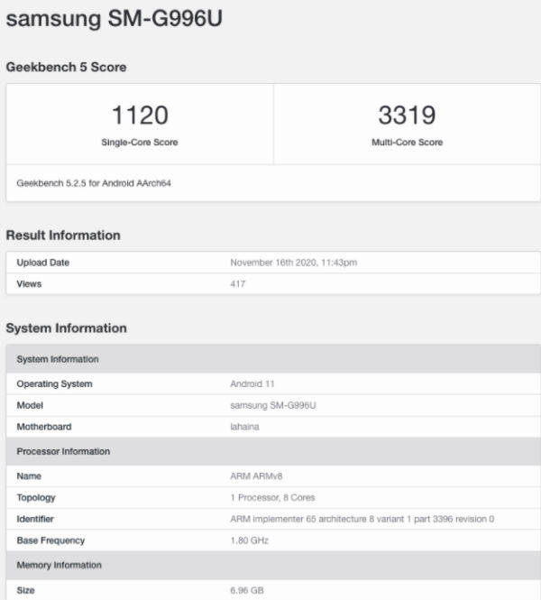 Samsung Galaxy S21 Plus with snapdragon 875 soc 8gb ram listed on geekbench specs