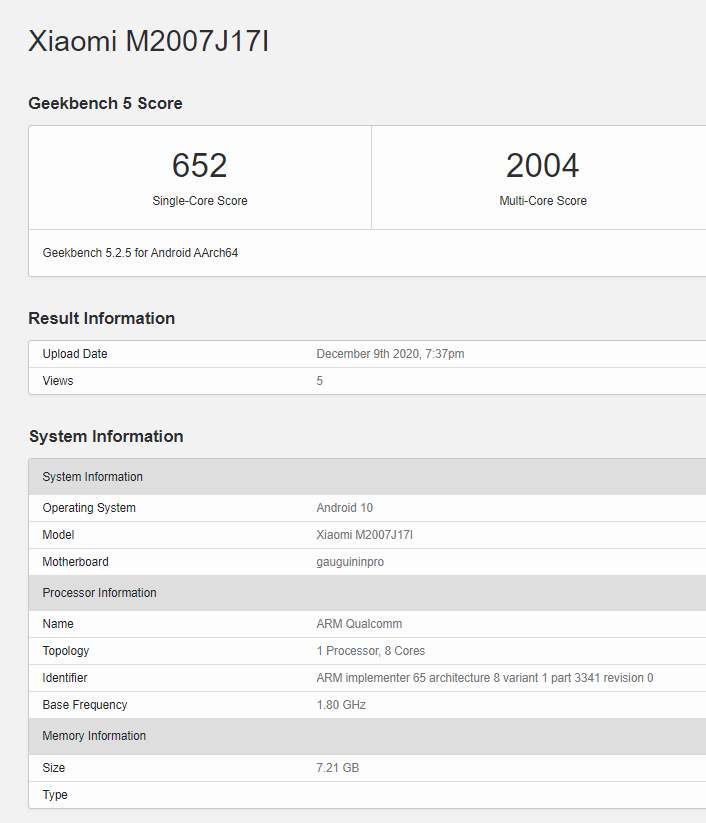 Xiaomi Mi 10i on geekbench M2007J17I 8 gb ram snapdragon 750g soc