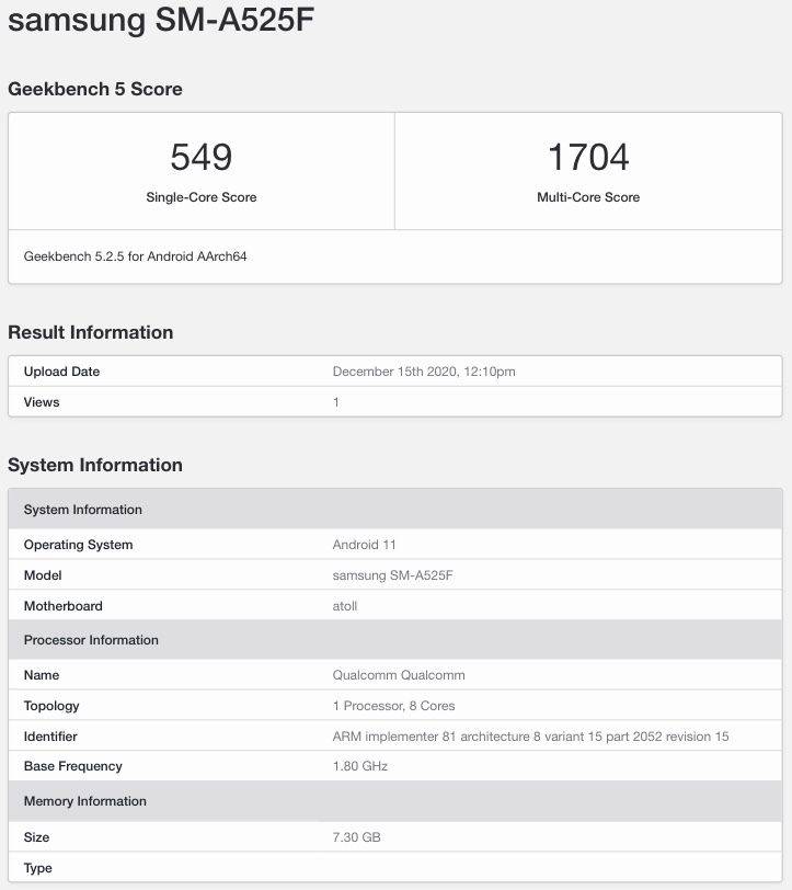 Samsung Galaxy A52 SM-A525F with 8gb ram snapdragon 720g soc listed on Geekbench