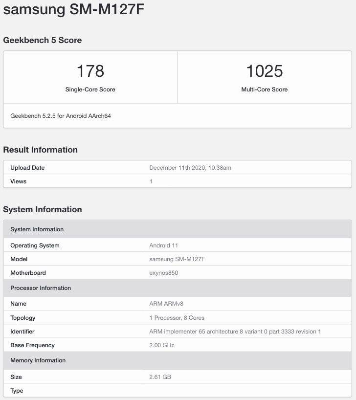 samsung galaxy m12 geekbench listing android 11 exynos 850 soc specs leak