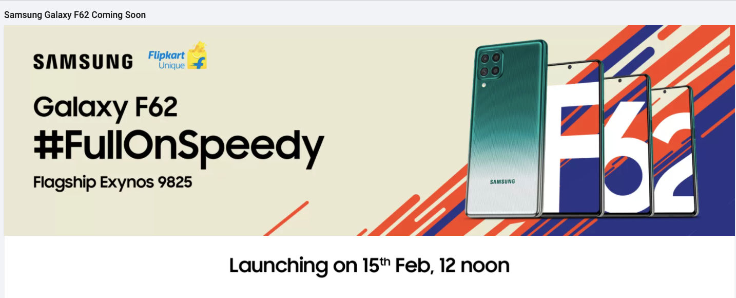 Samsung Galaxy F62 india launch on 15 february exynos 9825