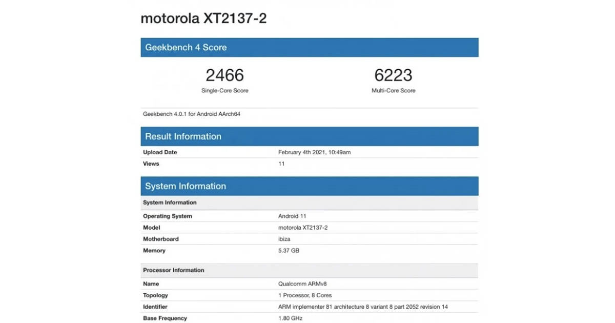 motorola ibiza with 6gb ram android 11 listed on geekbench