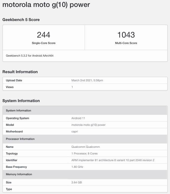 Motorola Moto G10 Power geekbench listing specs leaked