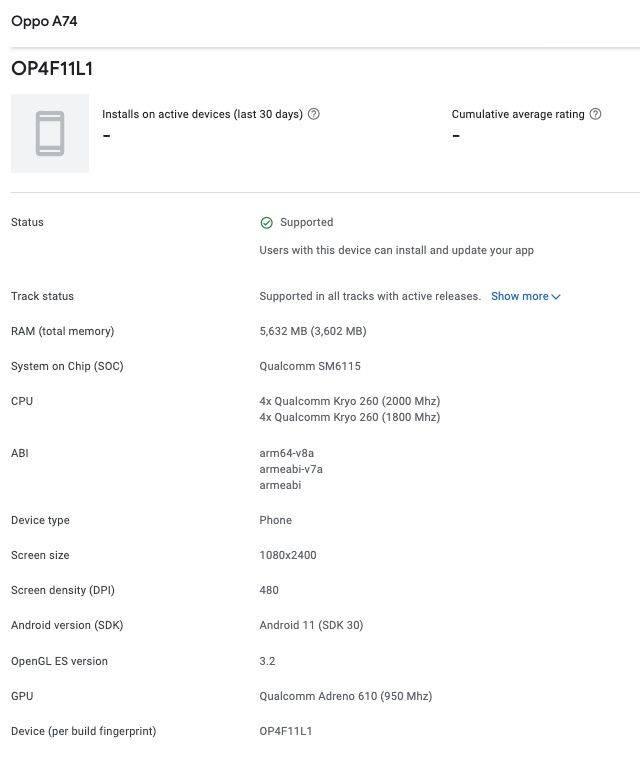 OPPO A74 4G google play listing snapdragon 660 soc 6gb ram Specs Leaked