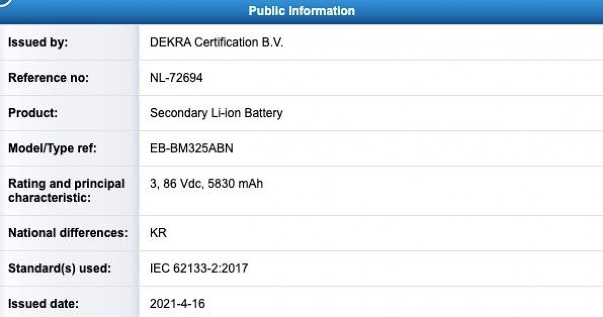 Samsung Galaxy M32 DEKRA certification with 6000mah battery