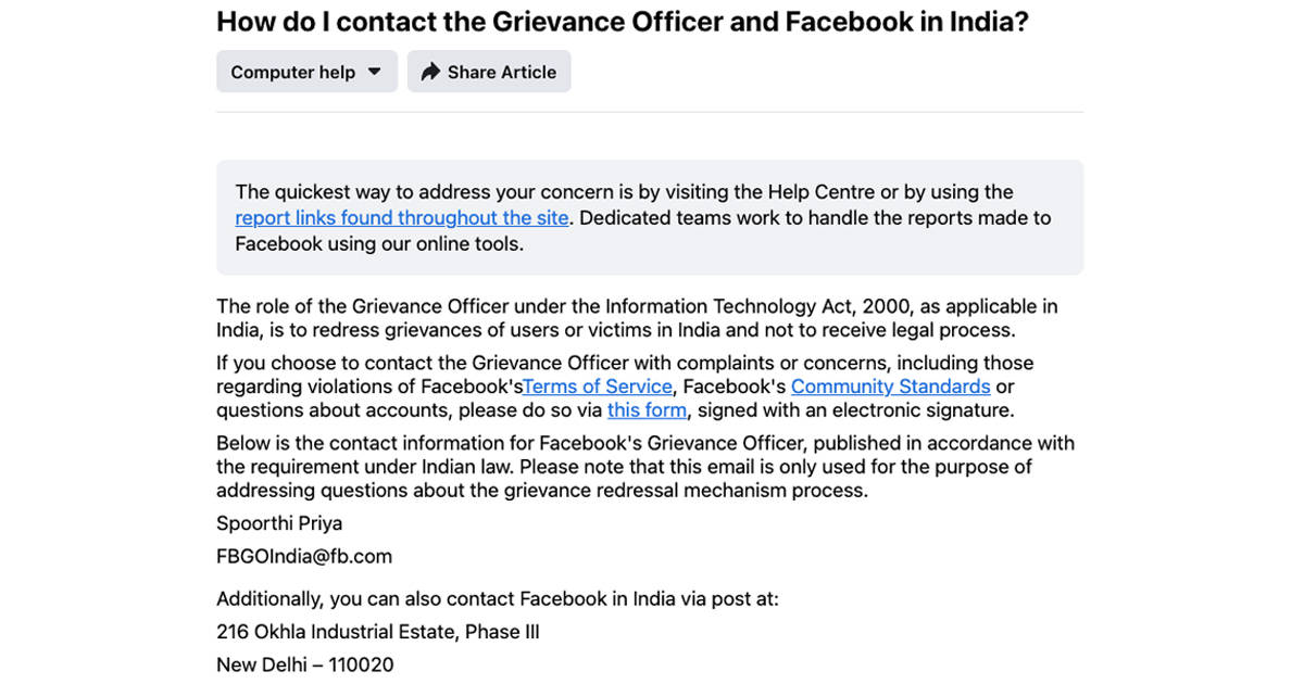 Facebook WhatsApp Twitter Grievance officer In India New IT Rule 2021
