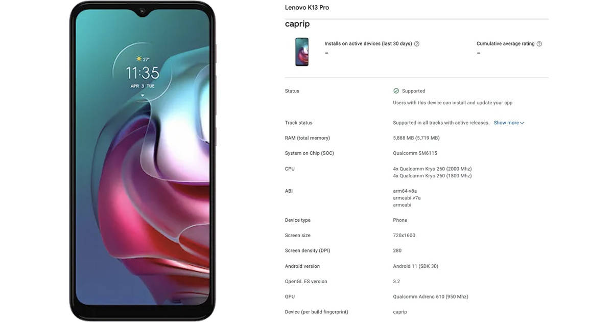 Lenovo K13 Pro Specifications Design Photo Leaked on google play console