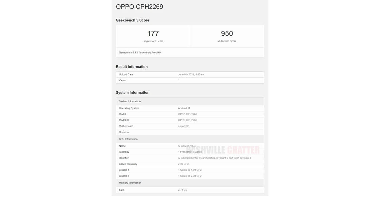 OPPO A16 cph2269 geekbench listing 4GB RAM MediaTek Helio G35 SoC