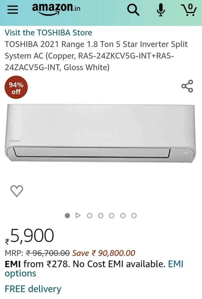amazon sold toshiba inverter ac of rs 96700 at just rs 5900 with 94 percent discount by mistake