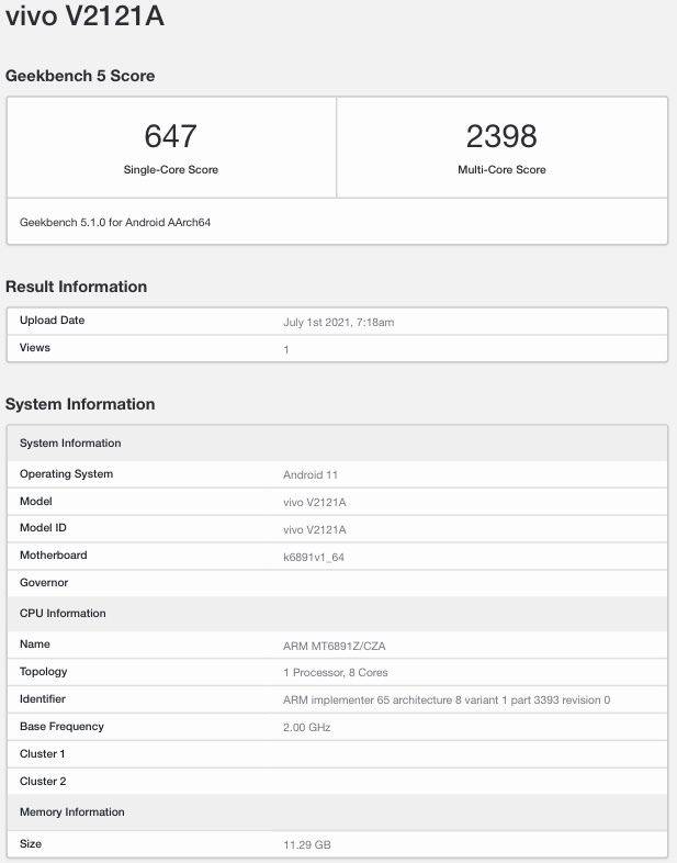 Vivo S10 geekbench listing with 8GB RAM and Dimensity 1100 SoC Launch Price specs