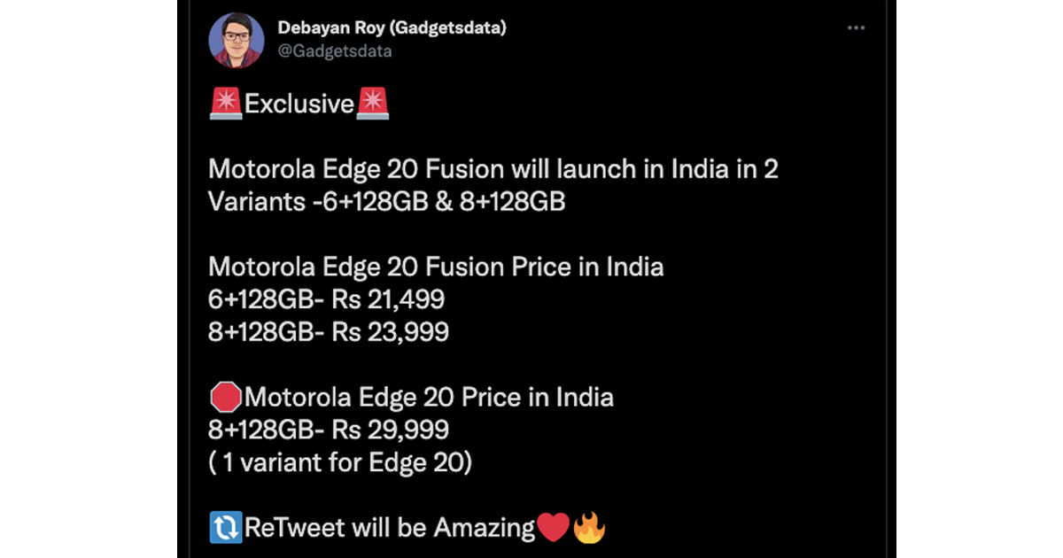 Motorola Edge 20 Fusion Price in india revealed before 18 august launch