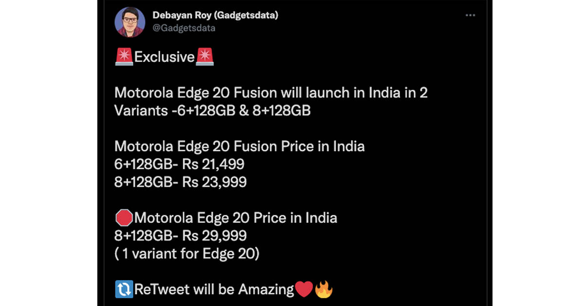 Motorola Edge 20 Fusion Price in india revealed before 18 august launch