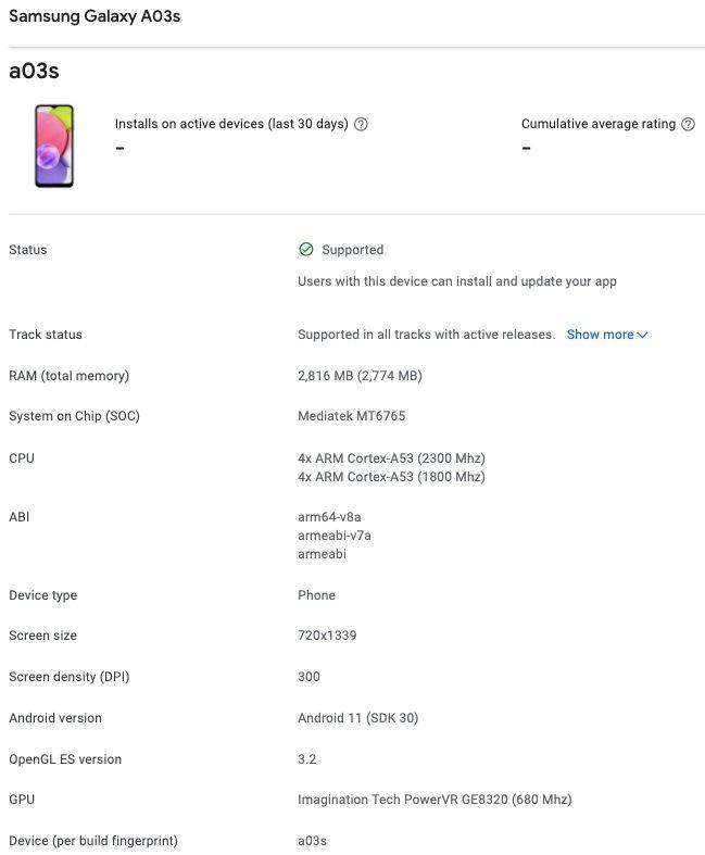 Samsung Galaxy A03s google play console specs leaked
