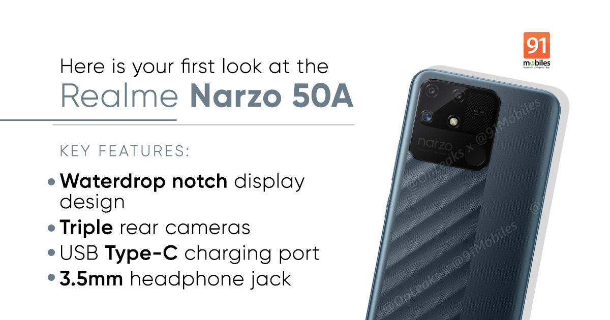 Realme Narzo 50A press Render triple rear camera specs Price leaked