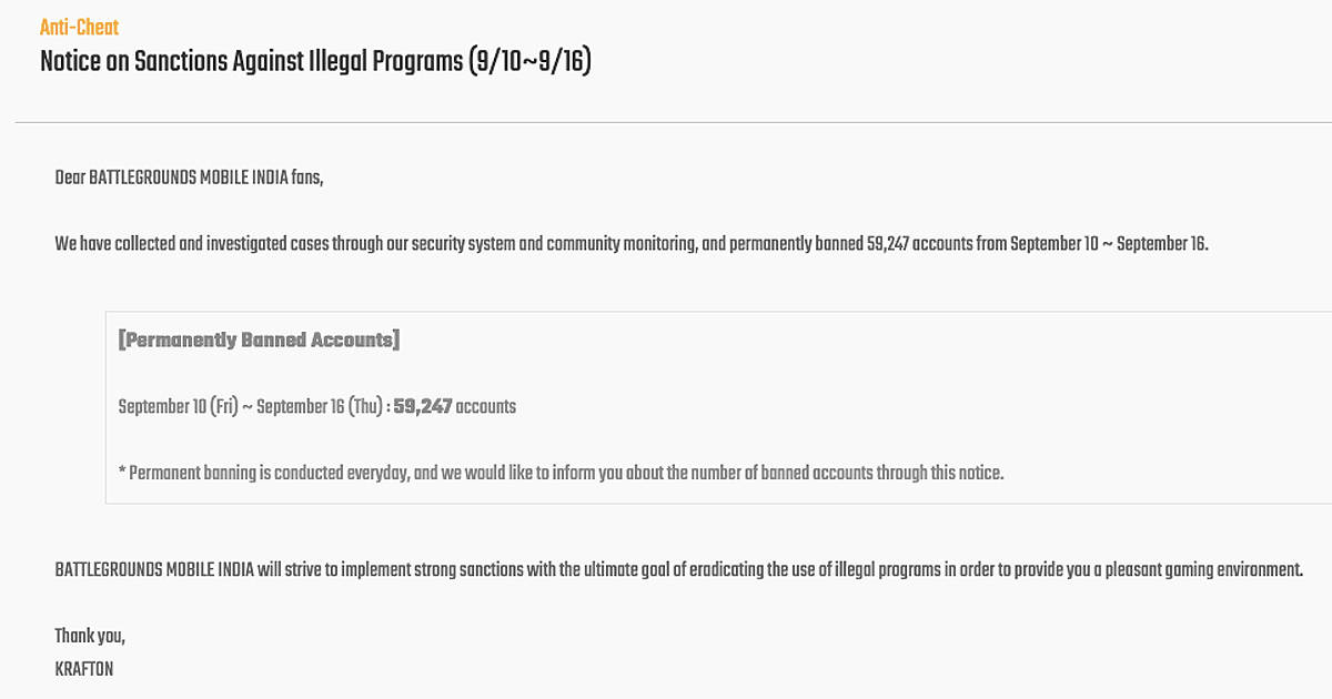 Battlegrounds Mobile India Permanently Bans 59,247 Accounts Between Sept 10 to 16 Sept