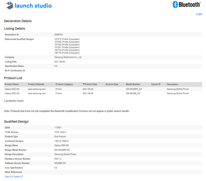 Samsung Galaxy M52 5G phone Bluetooth SIG listing launch soon