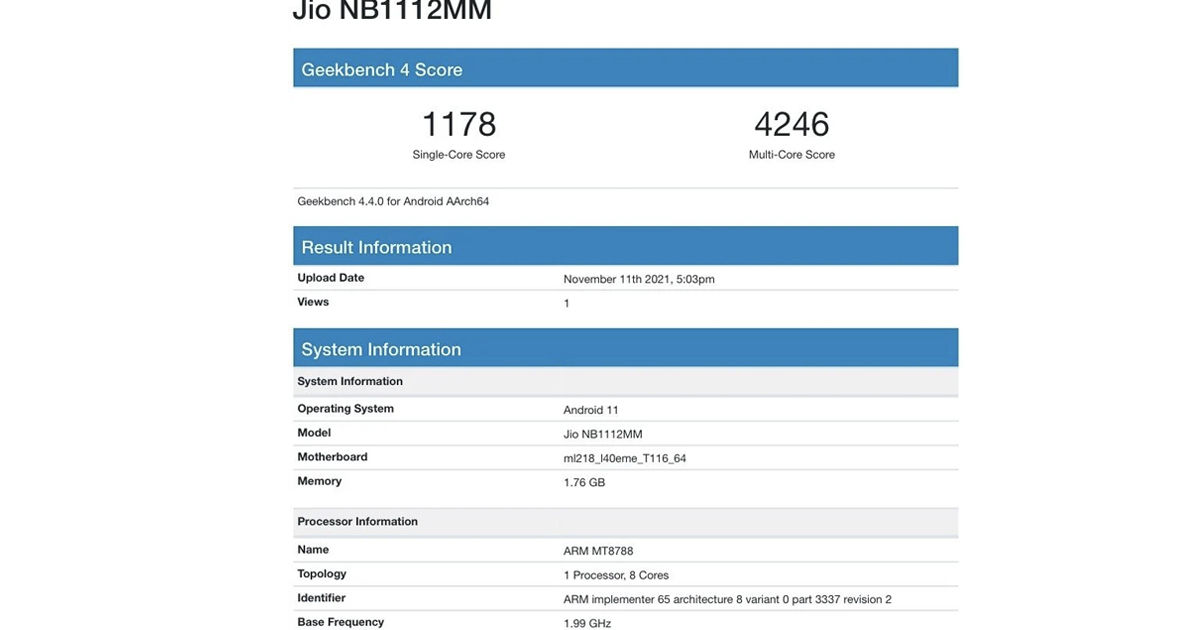 Reliance Jio jiobook india launch soon specs leaked geekbench listing