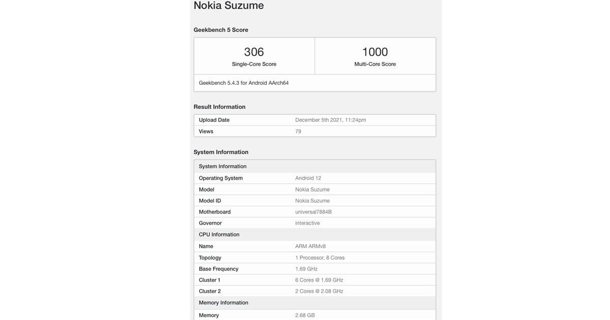 Nokia suzume smartphone powered by Samsung Exynos 7884 and android 12 spotted on Geekbench