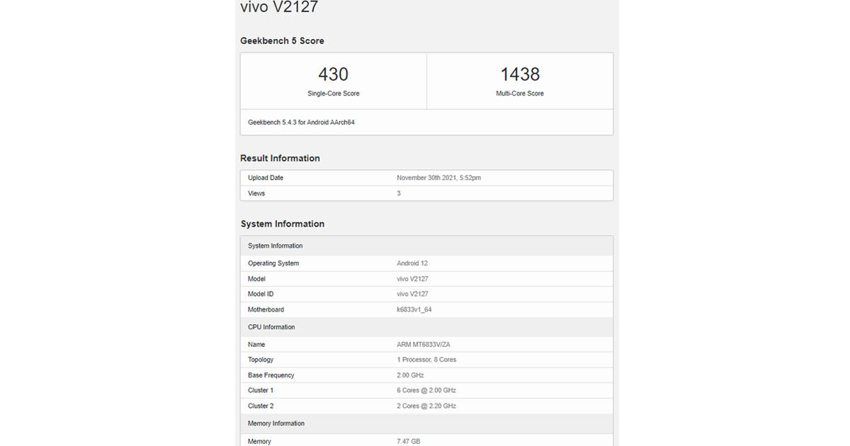 8GB RAM Vivo Y55 5G Phone with MediaTek Dimensity 700 SoC listed on Geekbench