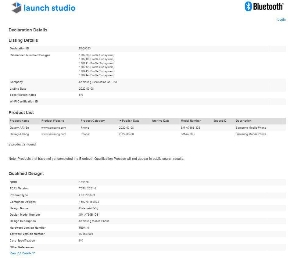 samsung a73 5g bluetooth sig