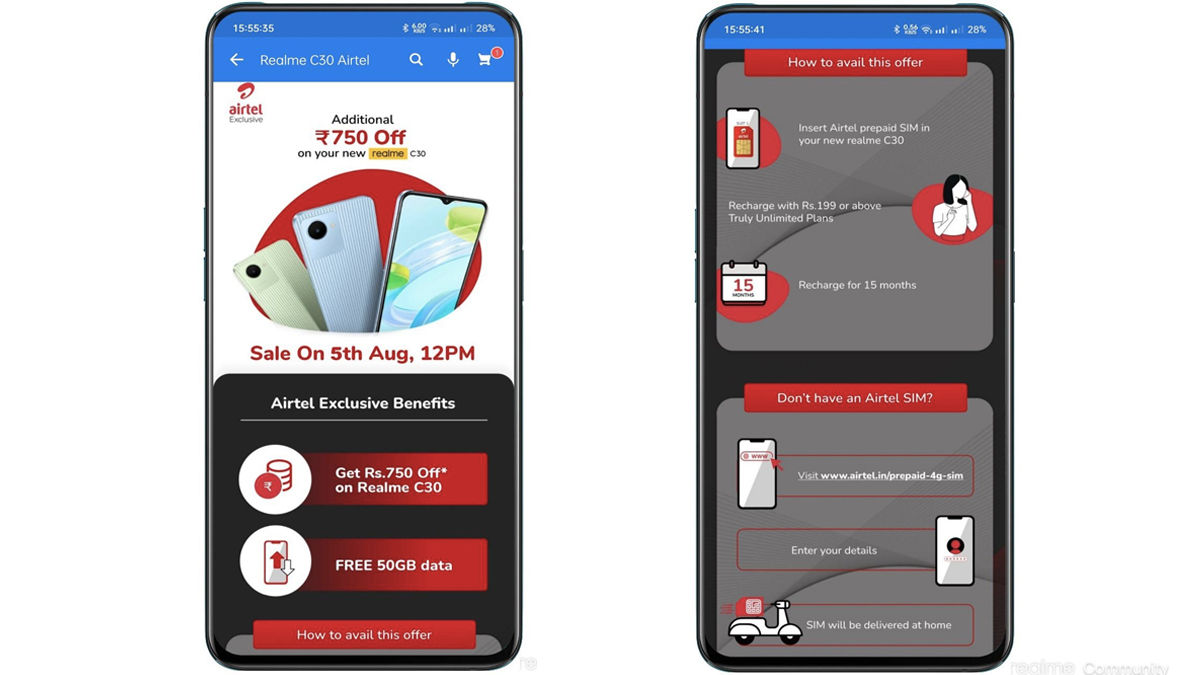 50 gb data free on realme c30 with 750 rs discount Airtel Offer