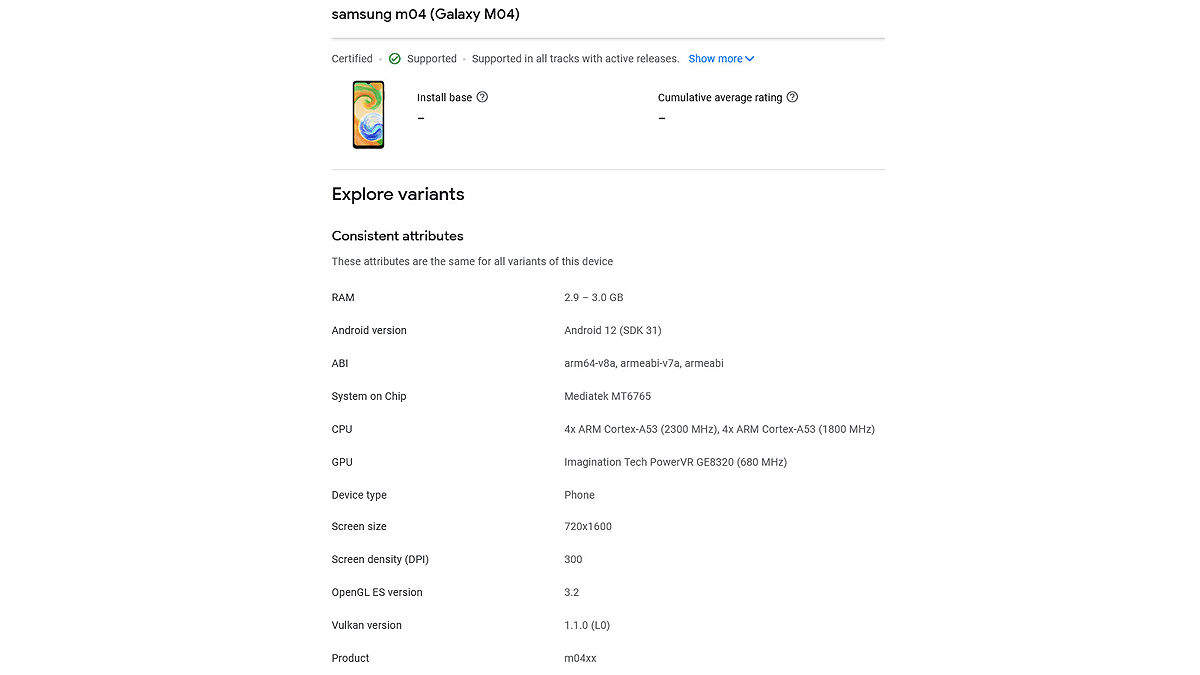 low budget smartphone Samsung Galaxy M04 listed on google play console specifications leaked