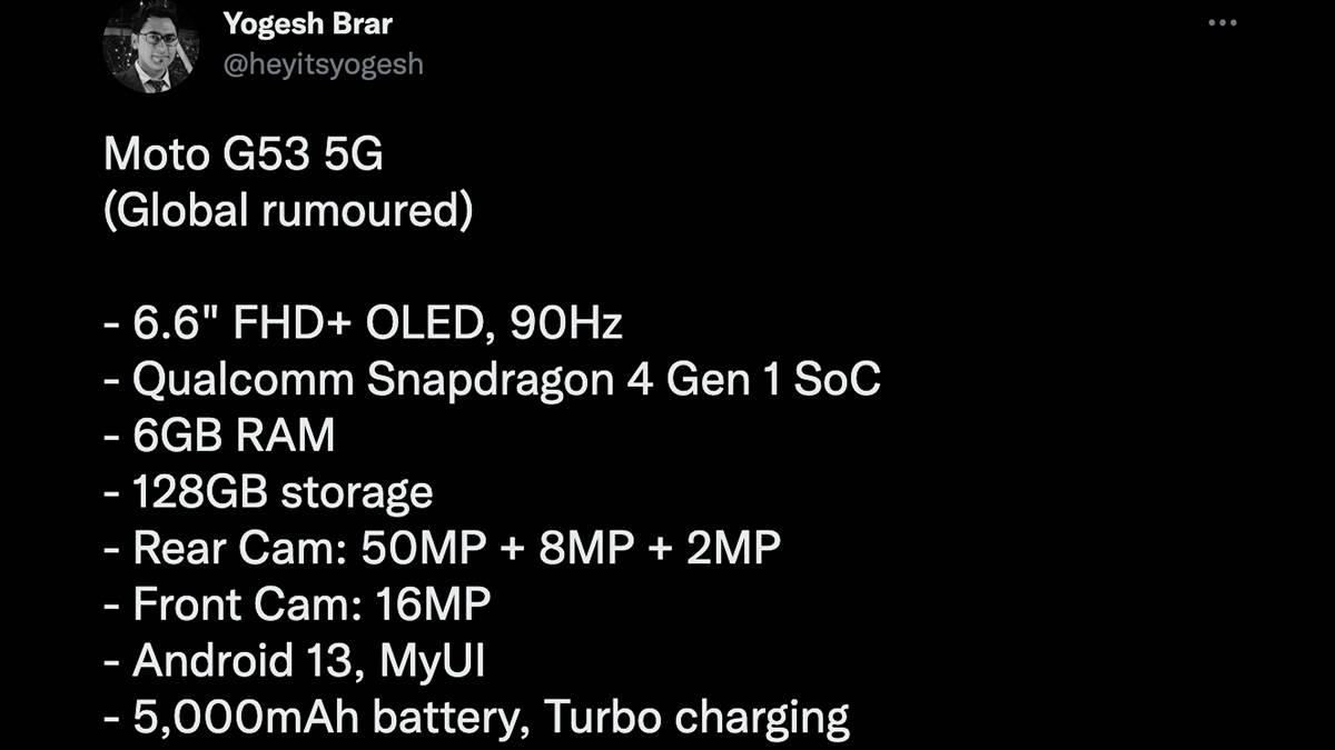 50mp camera Qualcomm Snapdragon 4 Gen 1 phone Moto G53 5G Global specifications leaked