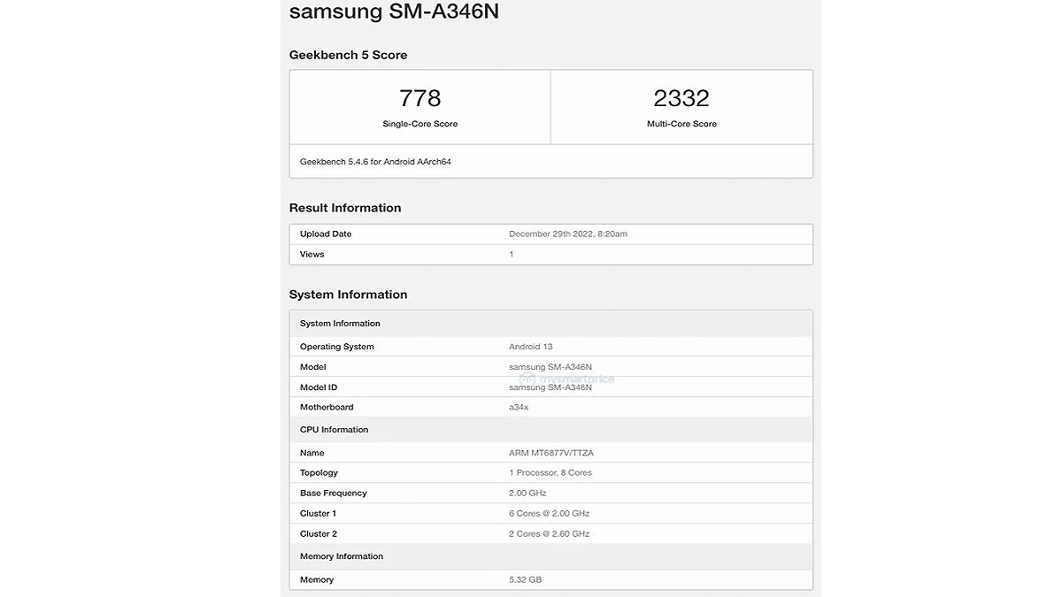 Samsung Galaxy A34​ listed on geekbench with 6gb ram and dimensity 1080