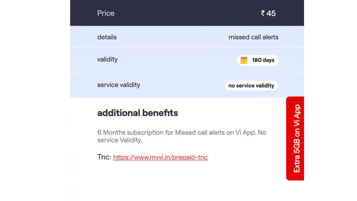 180 days plan validity at rs 45 only in vi Missed Call Alert pack know in hindi