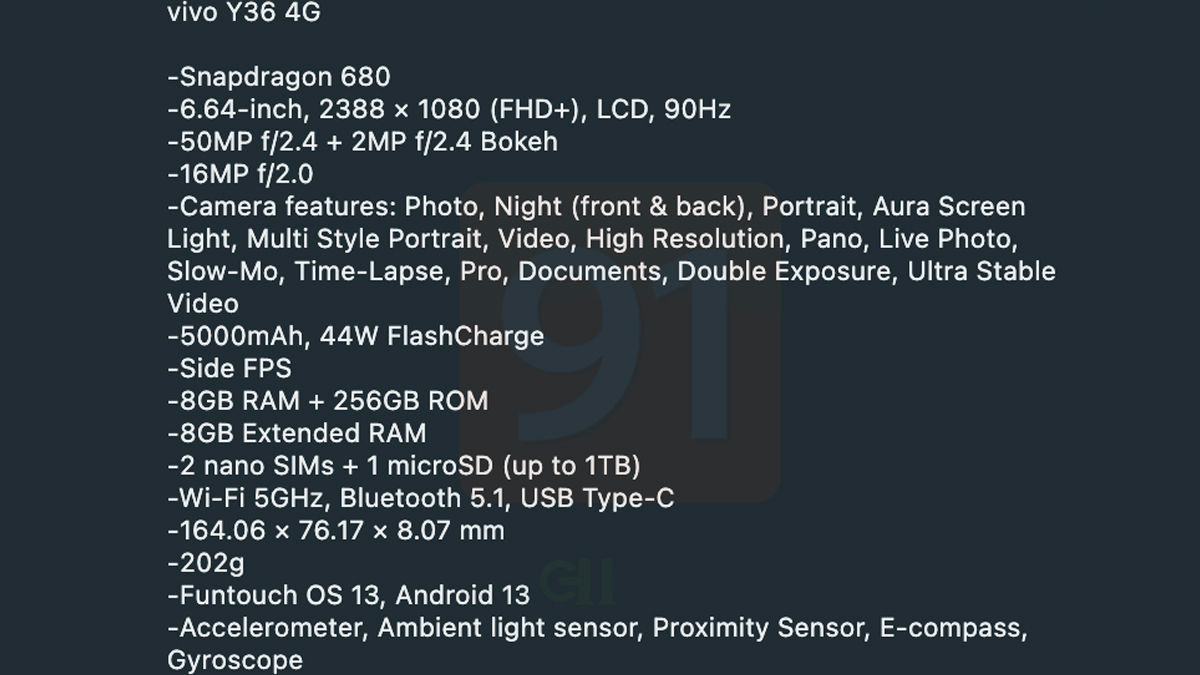 50 mp camera phone vivo y36 4g specifications revealed before launch in india