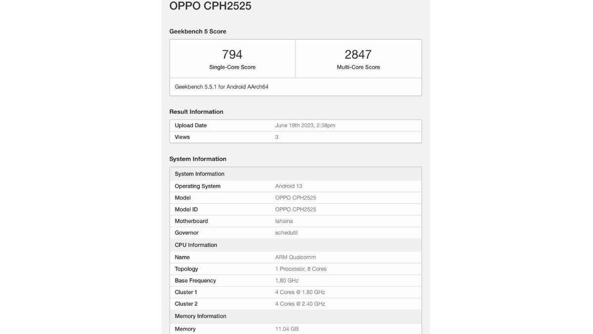 Oppo Reno 10 Pro global model Geekbench listing
