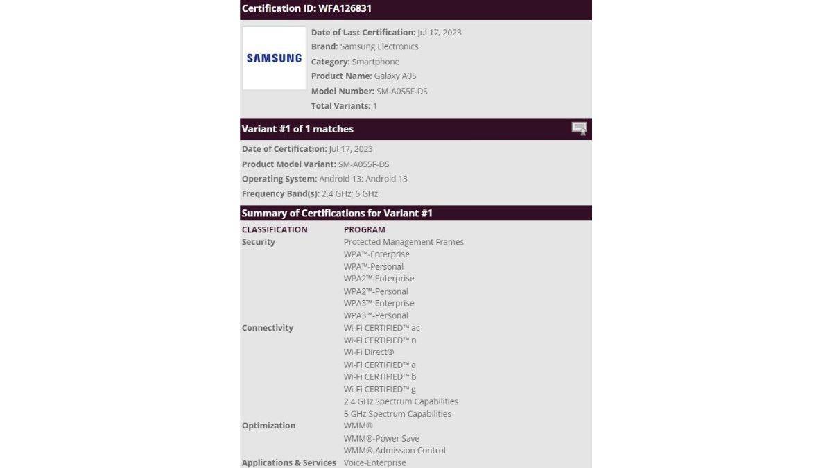 Samsung Galaxy A05 Receives Wi-Fi Alliance Certification