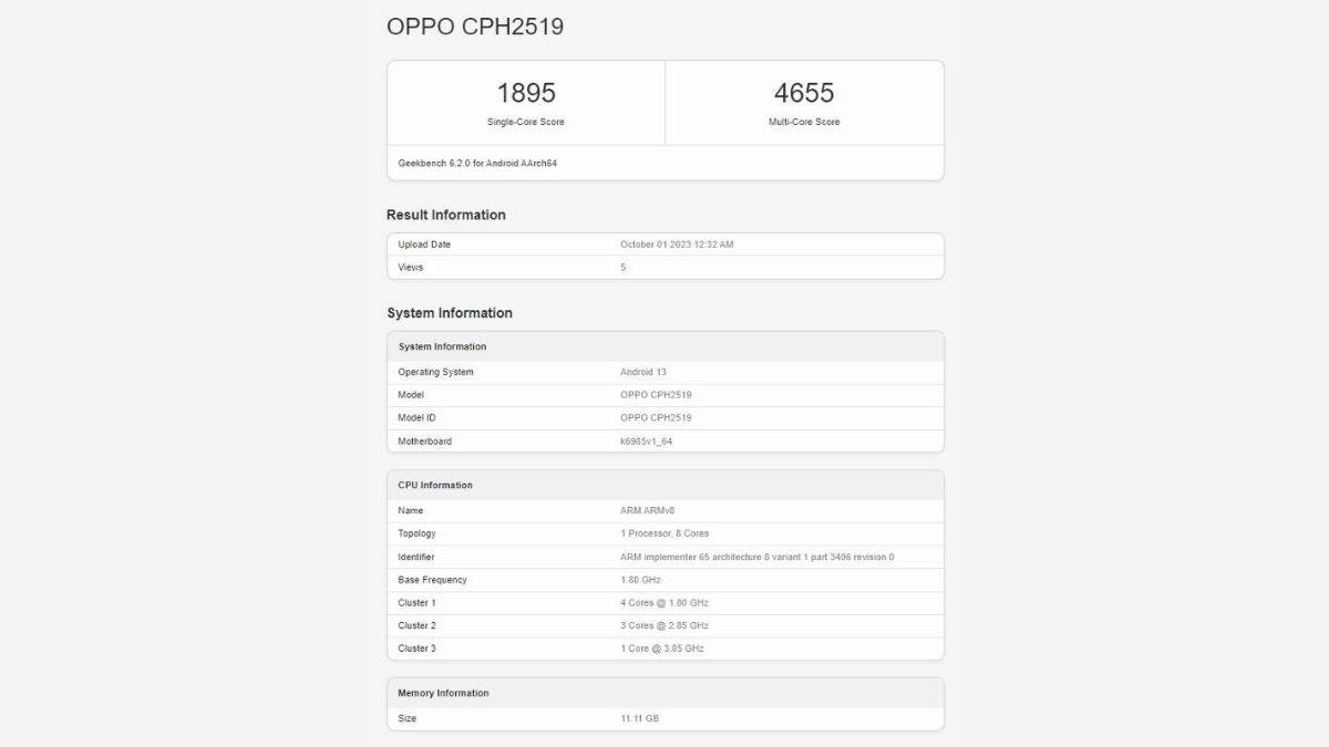 OPPO Find N3 Flip Geekbench listing