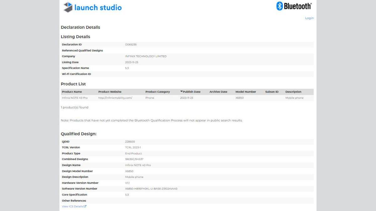 Infinix Note 40 Pro Bluetooth SIG Listing