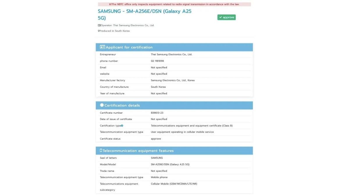 Samsung Galaxy A35 5G NBTC listing