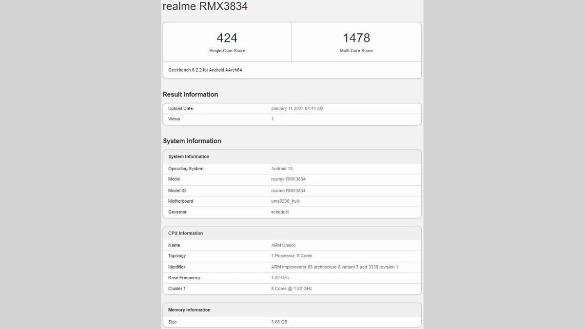 Realme Note 50 Geekbench Listing