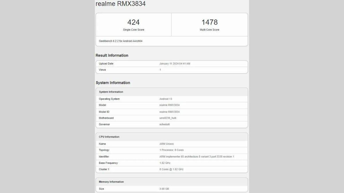 Realme Note 50 Geekbench பட்டியல்