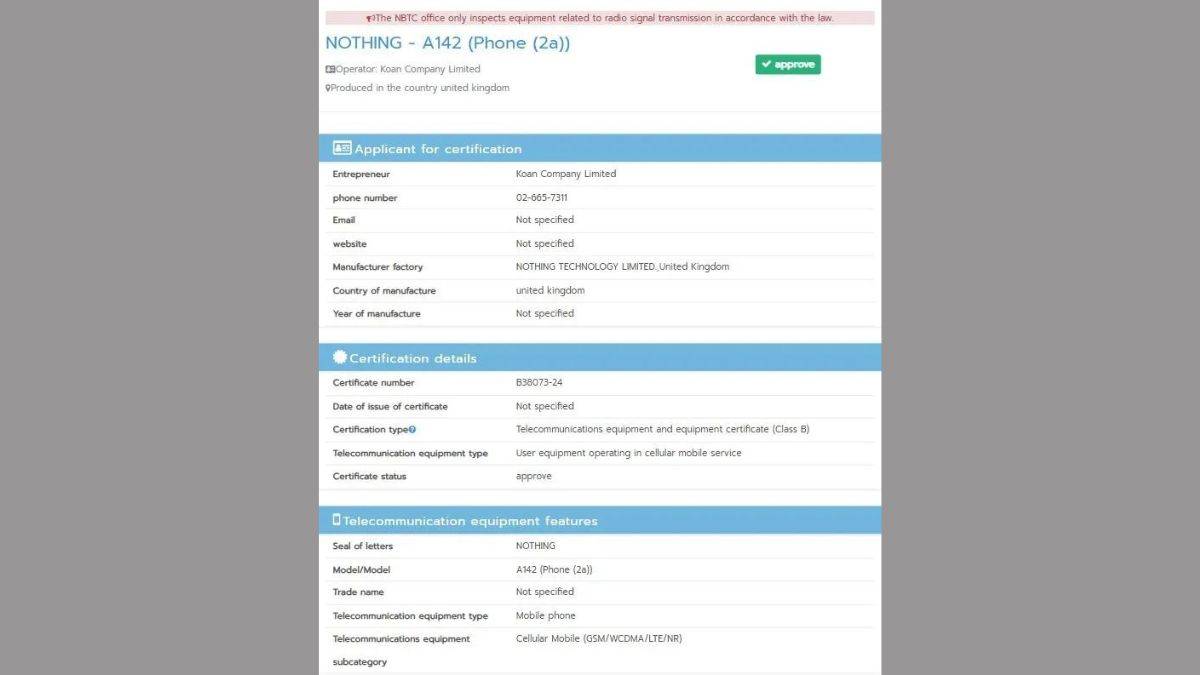 Nothing Phone (2a) NBTC Listing
