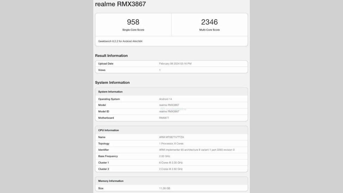 Realme 12+ 5G Geekbench Listing