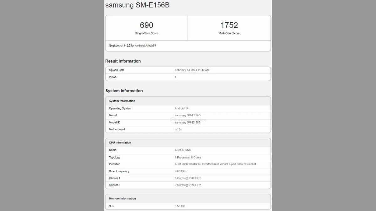 Samsung Galaxy F15 5G Geekbench Listing
