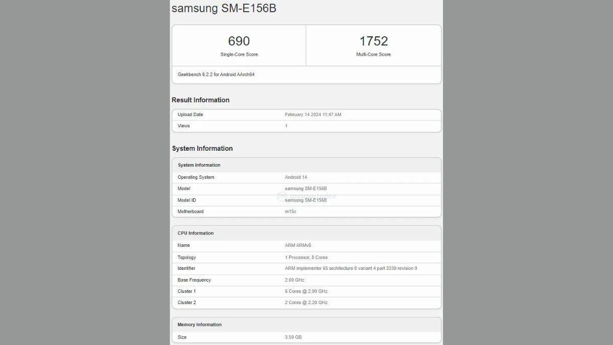 Samsung Galaxy F15 5G கீக்பெஞ்ச் பட்டியல்
