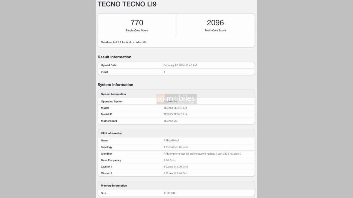 Tecno Pova 6 Pro 5G கீக்பெஞ்ச் பட்டியல்