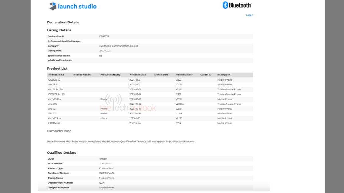 iQOO Z9 5G and Vivo T3 5G Bluetooth SIG listing