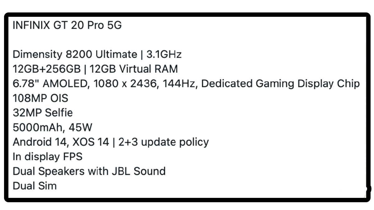infinix gt 20 pro 5g to launch with 108 map camera and Dimensity 8200 Ultimate processor design and full details leaked exclusive