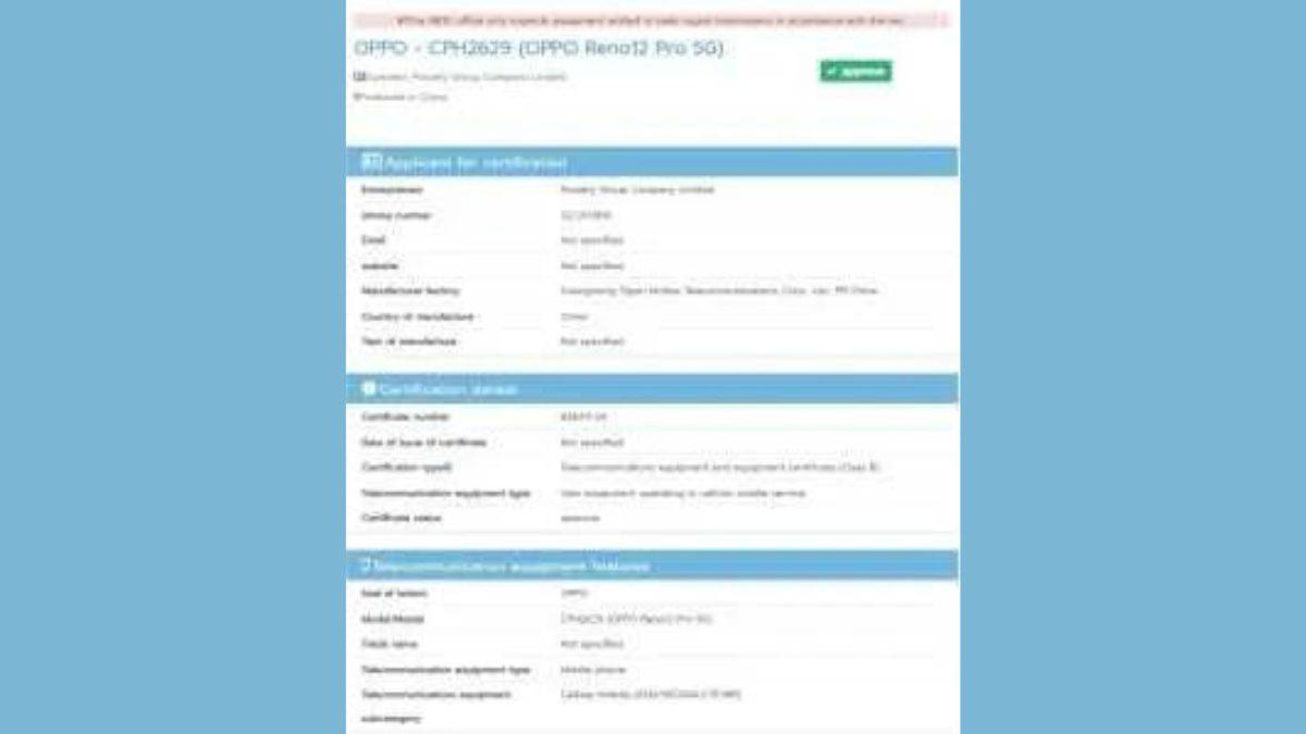 OPPO Reno12 Pro NBTC Listing