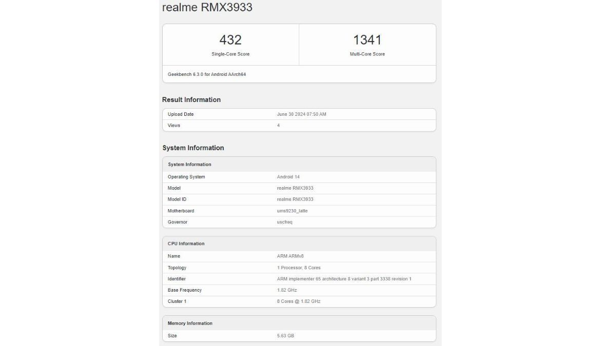 Realme Note 60 geekbench listing
