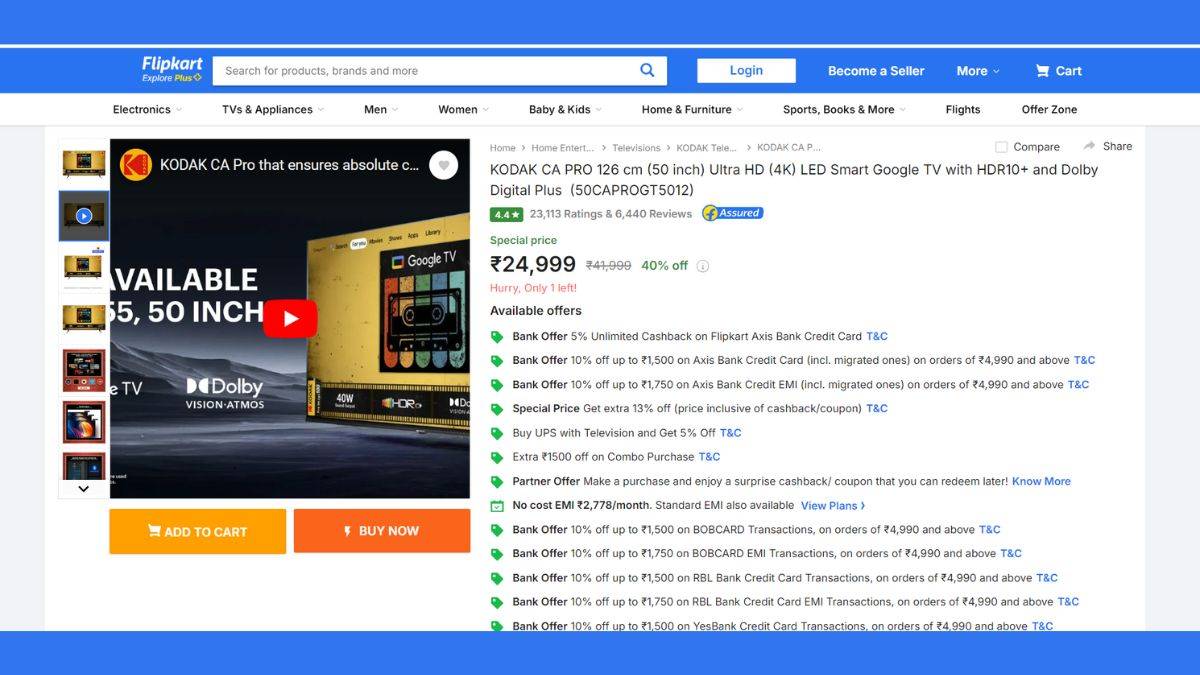 50 inch KODAK smart tv at just 24999 rs on flipkart 